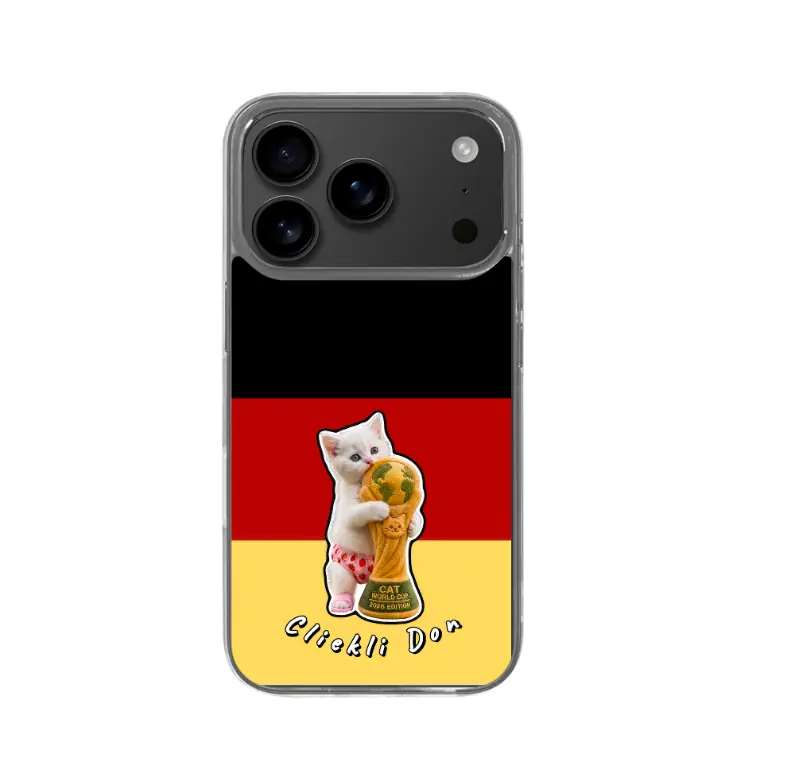Coque Clickli pour iPhone 17 Pro, étui de protection transparent en TPU, design chat avec drapeau allemand pour la Coupe du Monde 2026, pare-chocs fin antichoc anti-jaunissement, découpes précises, prise en main douce ultra-fine, protection intégrale du corps