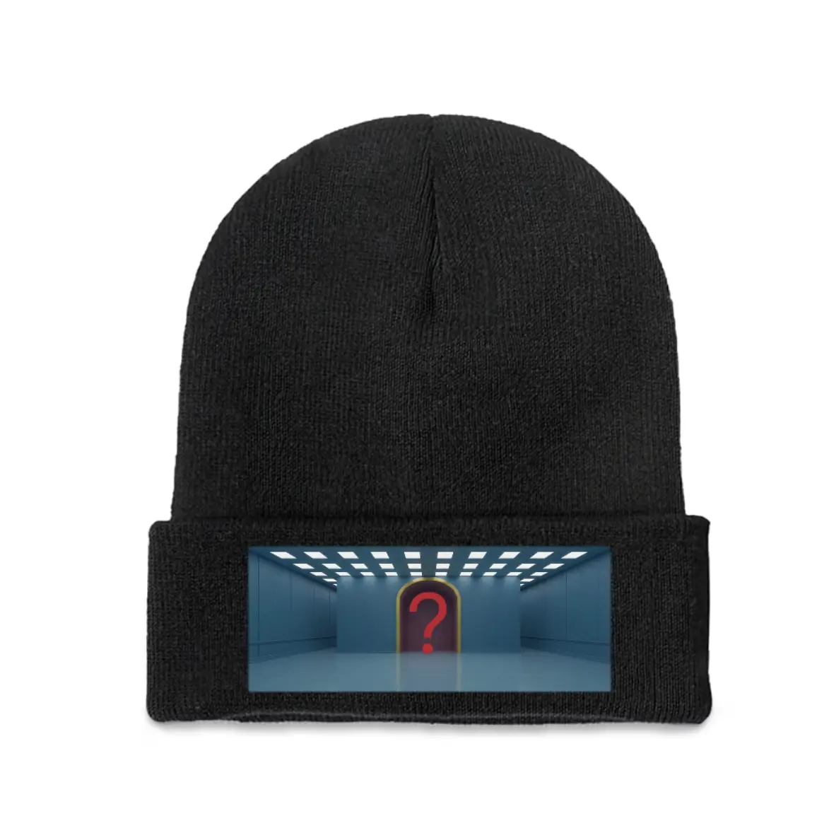 Art print unisex graphic knit beanie, unique question mark print patch winter warm hat, daily look street fashion casual outfit item, high-elastic polyester material comfortable snug fit, face-slimming fit thick and warm fabric with excellent stretch, unisex free size for men and women, perfect for Christmas and Halloween gifts