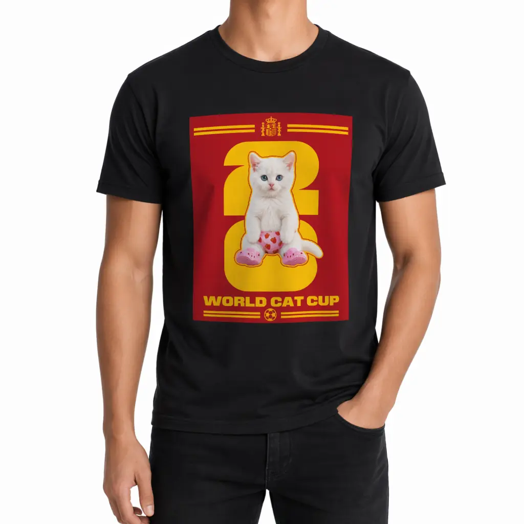 T-shirt graphique en coton sur le thème de la Coupe du monde de chat avec motif Cilekli Don Espagne