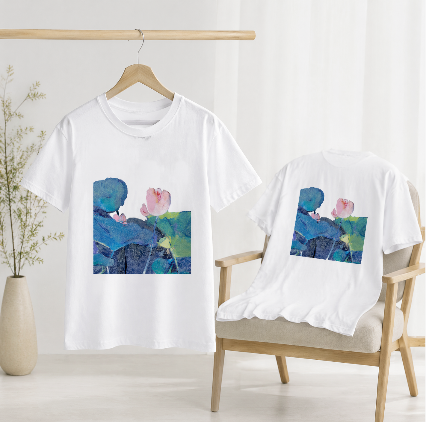 Lotus-Serie, Yu-Xiang-Kollektion, doppelseitig bedrucktes T-Shirt aus reiner Baumwolle