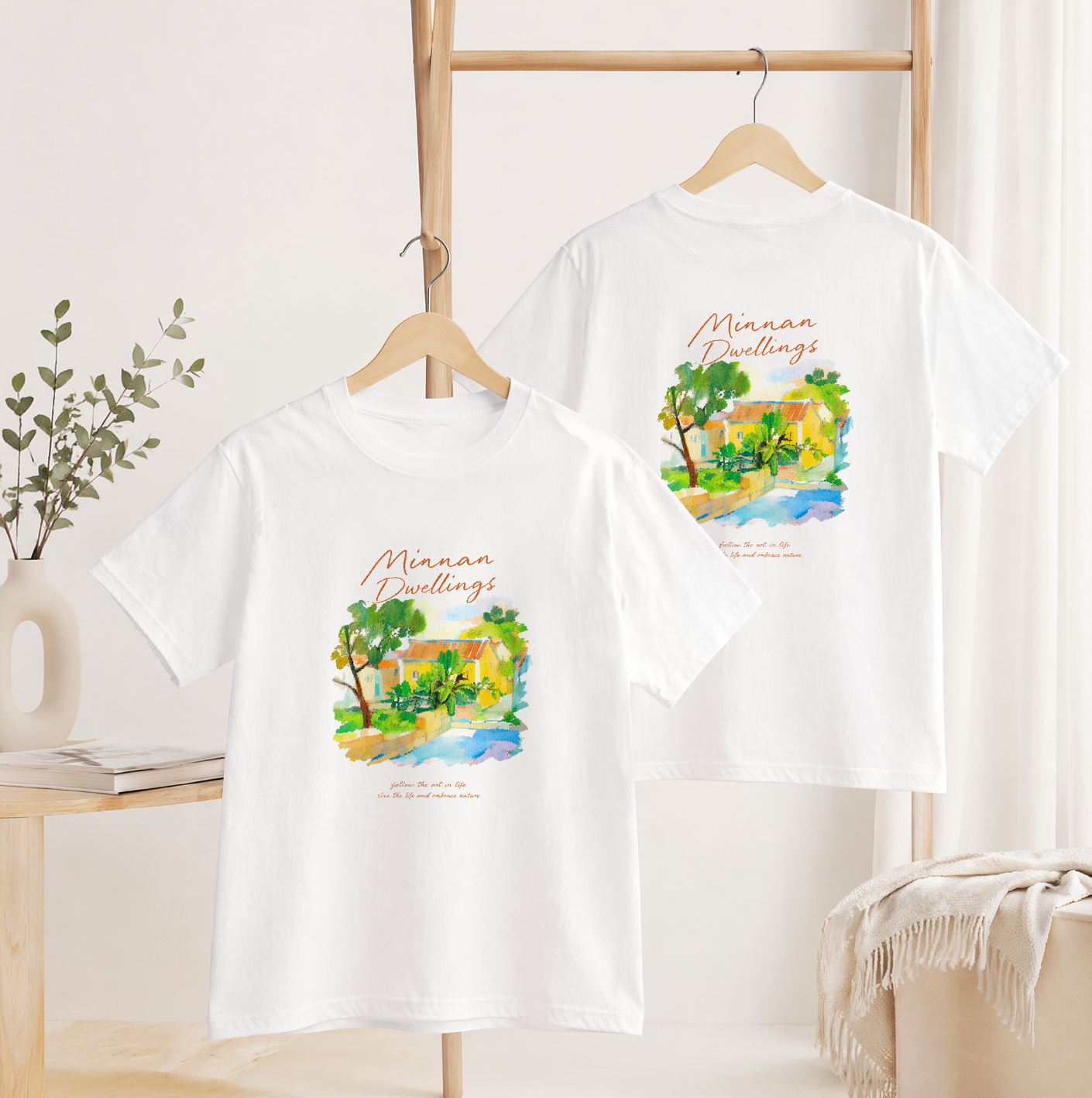 Min-Nan-Wohnhaus, Impressionistischer Stil, beidseitig bedrucktes T-Shirt aus Baumwolle