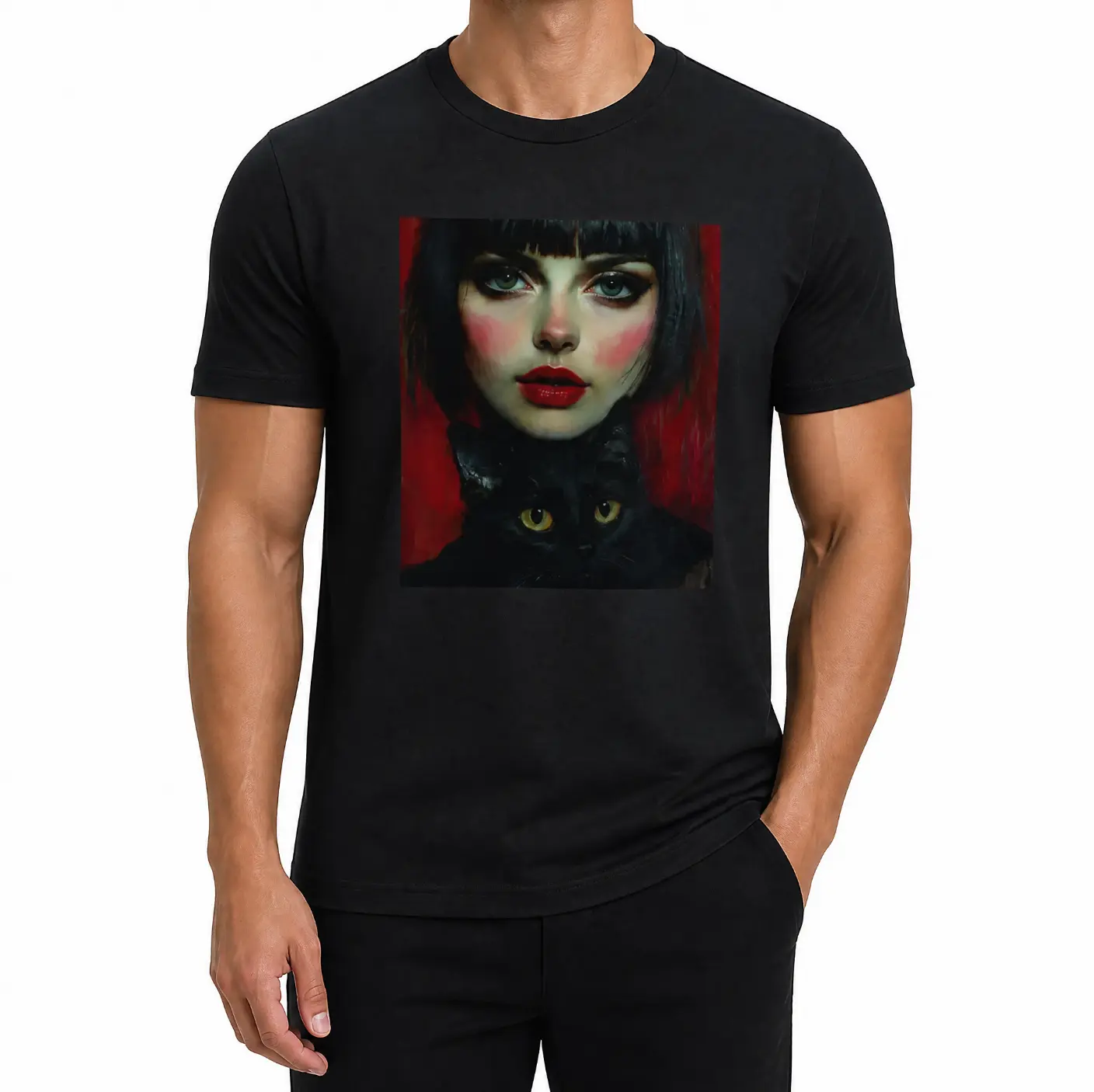 ARTISTIQ Herren-Baumwoll-T-Shirt, Juan Brufal 100 % authentisch & lizenziert, kurzärmeliges Grafik-T-Shirt, ästhetische Kunst mit Frau und schwarzer Katze, hochwertiger 202 g schwerer Stoff, mehrfarbig S-3XL