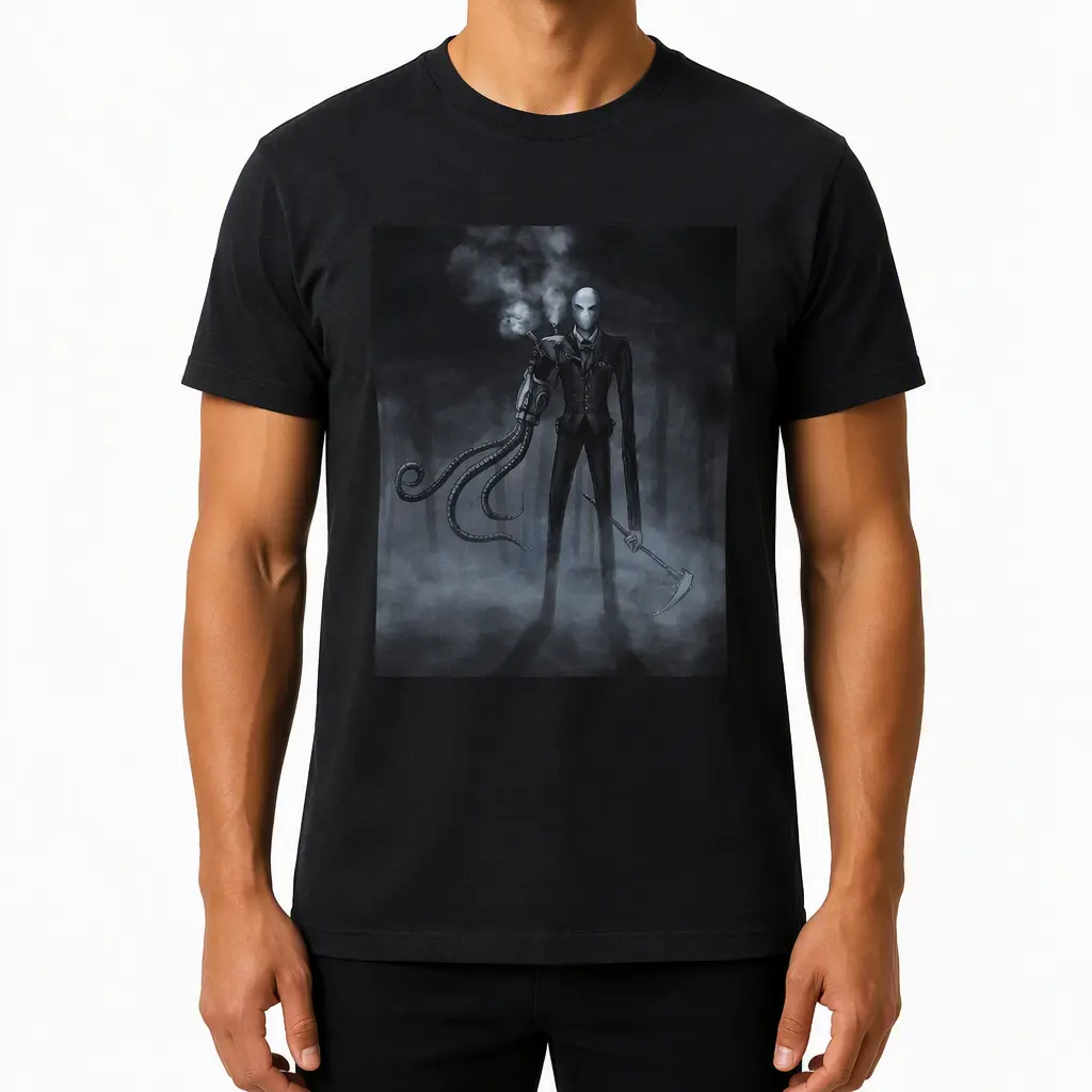Grafisches Baumwoll-T-Shirt, Steampunk Slender Man. Langlebiger Thermotransferdruck
