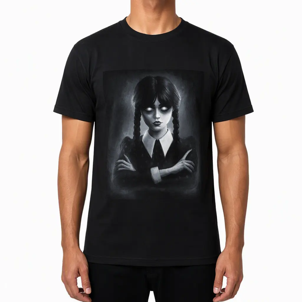Grafisches Baumwoll-T-Shirt, Drawlloween Tag 4 – Wednesday Addams. Langlebiger Thermotransferdruck