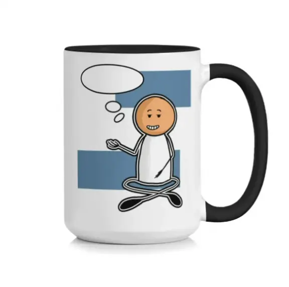 Mug à café en céramique AuraPrint 15 oz (445 ml), dessin animé humoristique avec bonhomme allumette et anse noire, jolie tasse avec bonhomme allumette en méditation pour thé, chocolat chaud, bureau ou maison, céramique épaisse et durable, anse facile à prendre en main