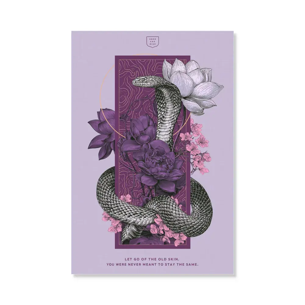Shed & Rise Schlangen-Leinwandbild, Kobra- und Lotusblumen-Poster ohne Rahmen, lila spirituelle Zitat-Dekoration für das Schlafzimmer, hochwertige strukturierte Kunstleinwand, langlebig und lichtbeständig, verschiedene Größen