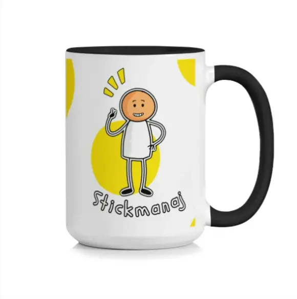 Mug en céramique Stickmanaj 15 oz (444 ml), tasse à café avec anse noire, design amusant de bonhomme allumette, jolie grande tasse à thé pour la maison et le bureau, prise ergonomique, base épaisse, cadeau d'anniversaire original et unique