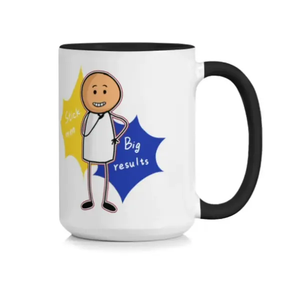 MugCraft Tasse à café en céramique, grande tasse à thé de 440 ml avec motif amusant de bonhommes allumettes, jolie tasse fantaisie pour le bureau, accent noir sur l'anse, construction robuste et durable, prise en main confortable en forme de C