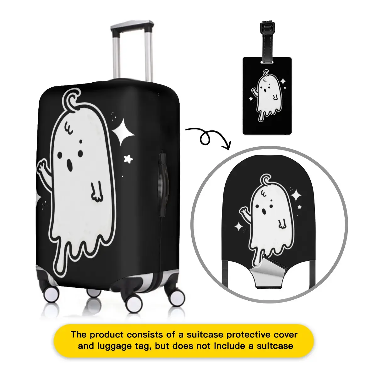 LuggShield Kofferhülle und Anhänger-Set, niedlicher Geist-Spandex-Kofferschutz, passend für 18-32 Zoll Trolleys, elastische Polyester-Reisehülle, seitliche Reißverschlussöffnungen, inklusive passendem ID-Anhänger
