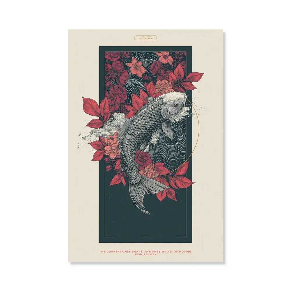 ZenDecor Koi-Fisch Leinwand-Wandkunst, japanisches florales Ukiyo-e-Poster für Wohnzimmer, Schlafzimmer, Büro-Dekoration, hochauflösender Premium-Textur-Kunstdruck, „Against The Current“-Zitat, Geschenkidee zur Einweihungsfeier