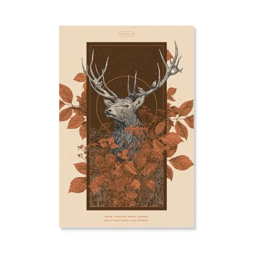 KreativeSolis Hirsch-Leinwandbild, Vintage-Wald-Hirschgeweih-Kunstdruck, inspirierendes Zitat „Stand Tall“ mit botanischem Blatt-Design, rahmenloses Wildtier-Gemälde für die Wohn- und Schlafzimmerdekoration
