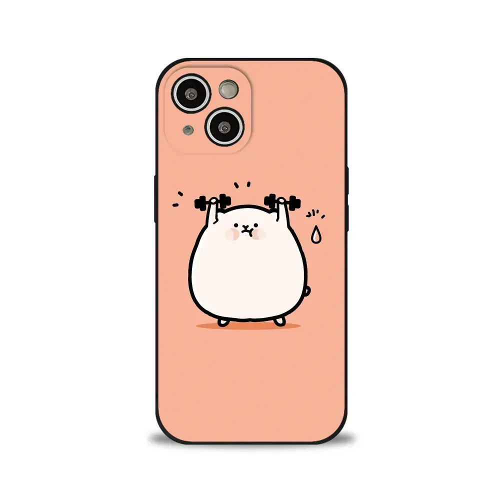 QutePrint Niedliche gewichthebende Katze iPhone 15 Hülle, pfirsichfarbene Flüssigsilikon-Schutzhülle, stoßfestes, schlankes Handy-Cover, kabelloses Laden kompatibel, kratzfeste Gel-Hülle für Damen und Mädchen