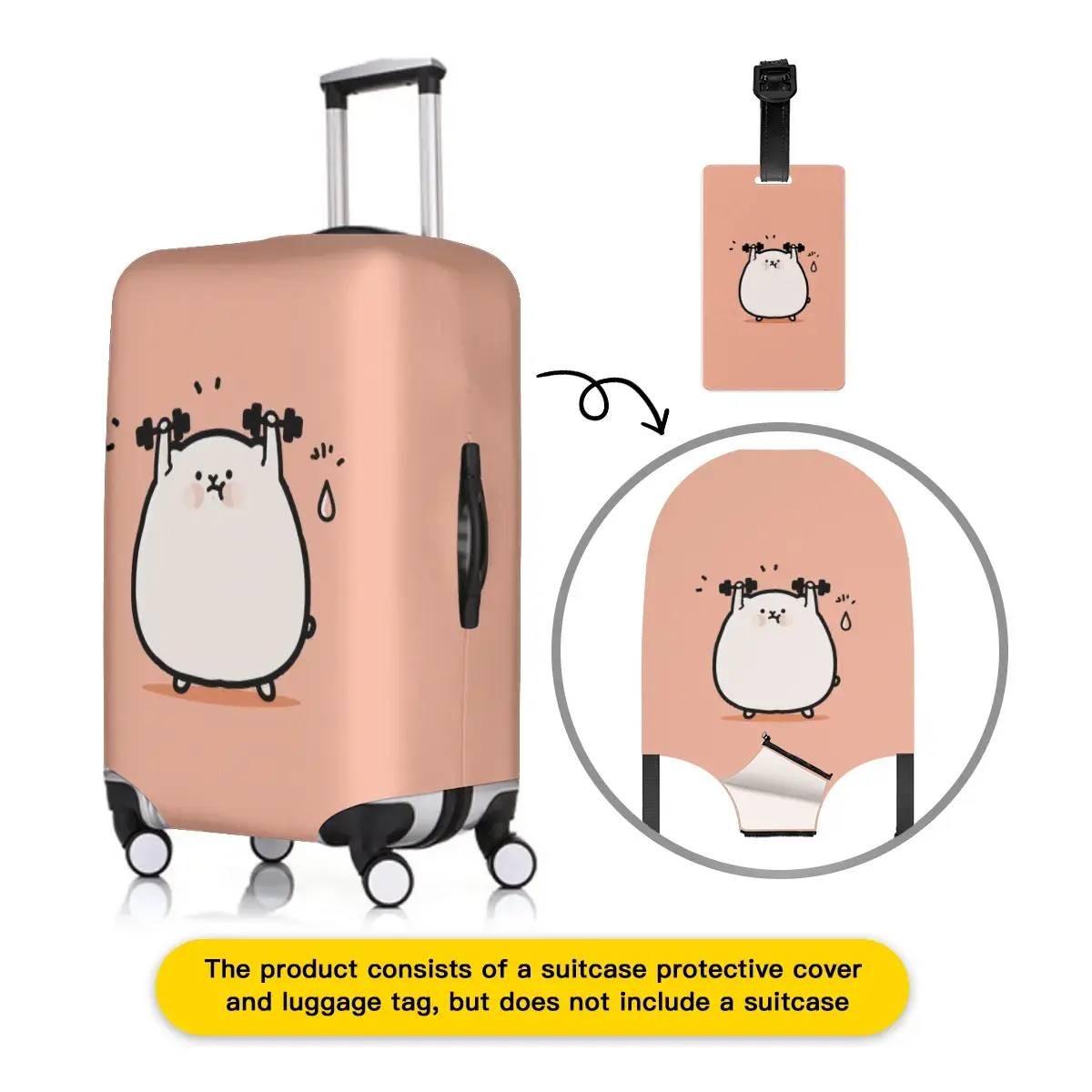 JoyTrip Elastischer Kofferüberzug und Kofferanhänger-Set, niedlicher Cartoon-Bär Koffer-Schutzhülle, passend für S M L XL 18-32 Zoll Koffer, dehnbare Elasthan-Polyester-Mischung, seitliche Reißverschlussöffnungen, staubdichte Reisehülle