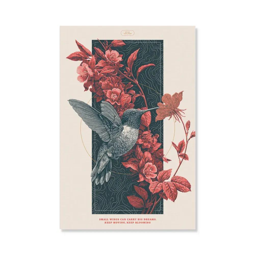 VividMuse Kolibri-Leinwandbild, Vintage-Poster mit Blumen- und Tiermotiv, rahmenlose botanische Wanddekoration für Wohnzimmer und Schlafzimmer, HD-Druck auf Premium-Leinwand, inspirierendes Zitat als Geschenk