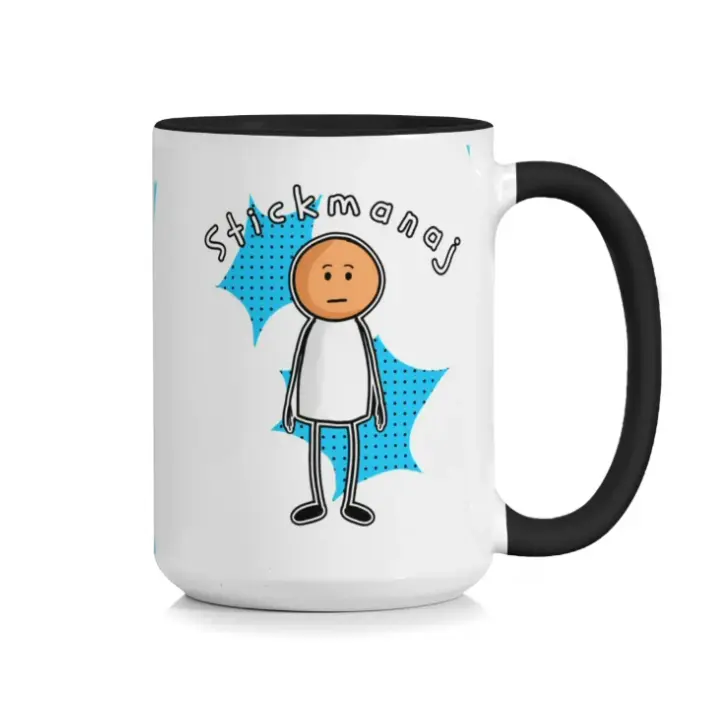 Mug à café en céramique KupStyle, grande tasse à thé de 440 ml avec anse et intérieur noirs, motif amusant de bonhomme allumette pour le bureau et la maison, grès durable, lavage à la main uniquement, poignée ergonomique confortable