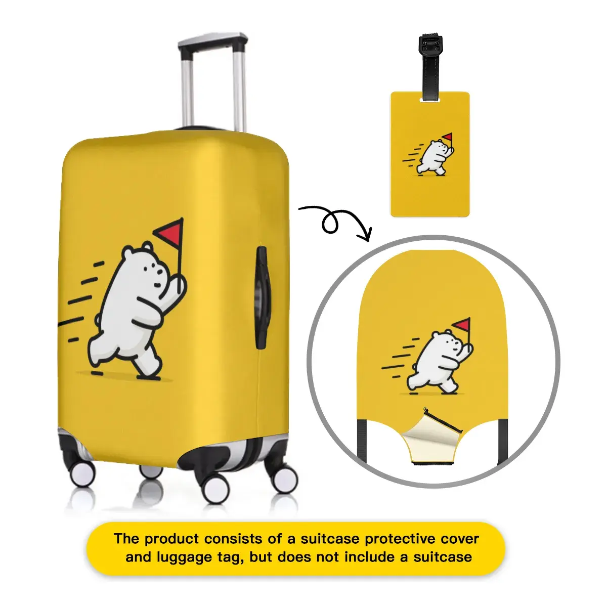 WanderShield Elastic Luggage Cover with Matching Luggage Tag, Fits 18-32 Inch Suitcases, Travel Baggage Protector, Double-Stitched Dustproof Cover, Zipper & Buckle Closure, Cute Yellow Bear