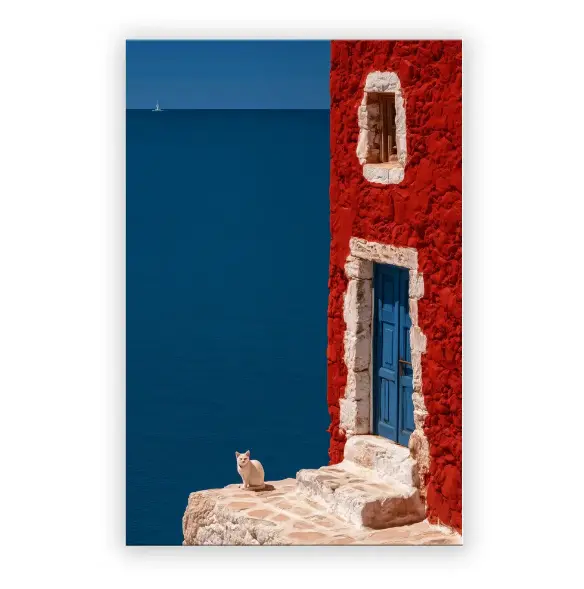 VividDecor Mediterrane Leinwand-Wandkunst, Juan Brufal 100% authentisch & lizenziert, rotes Haus und weiße Katze Meereslandschaft-Druck, großes 24x36 Zoll gerahmtes Landschaftsbild für Wohnzimmerwand