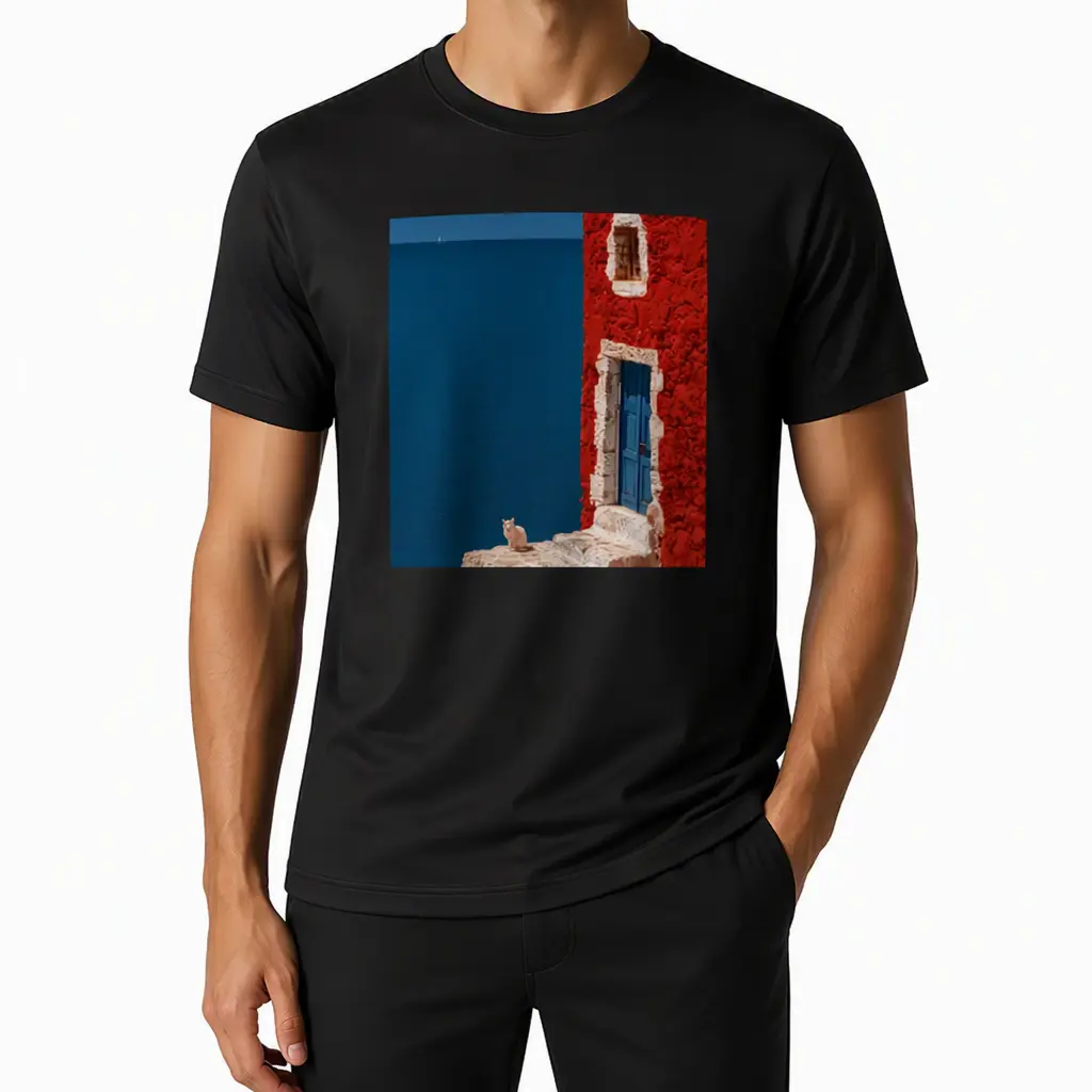 Grafisches Baumwoll-T-Shirt, Juan Brufal 100% authentisch & lizenziert, 202g schweres Baumwoll-T-Shirt mit Rundhalsausschnitt, lässiges Oberteil mit mediterraner Küstenszene, hochwertige Doppelnaht, S-3XL bequeme Passform