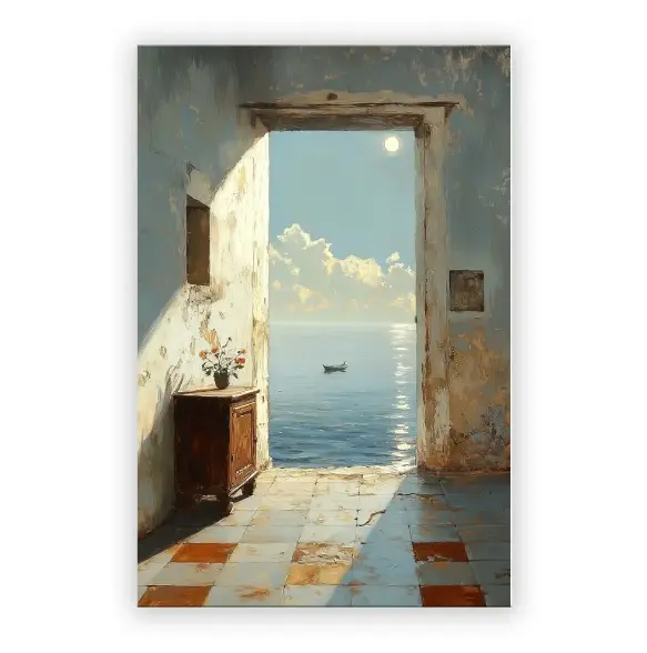 AuraDecor Gerahmte Leinwand-Wandkunst, Juan Brufal 100% authentisch & lizenziert, Gemälde mit mediterranem Meerblick durch eine offene Tür, 24x36 Zoll Oxford-Stoffdruck auf Holzrahmen