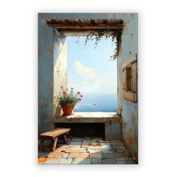AuraVibe Mediterranes Fenster Meerblick Leinwand Wandkunst, Juan Brufal 100% authentisch & lizenziert, gerahmter Oxford Leinwanddruck, 24x36 Zoll großes Ozean-Landschaftsgemälde