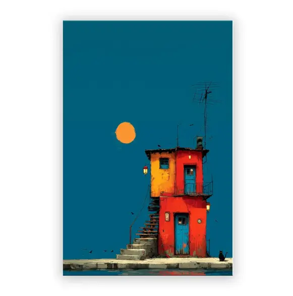 Artivibe Gerahmte Leinwand-Wandkunst, Juan Brufal 100% authentisch & lizenziert, 60x90 cm Haus und Katze Druck, Premium Oxford-Stoffposter mit Massivholz-Innenrahmen