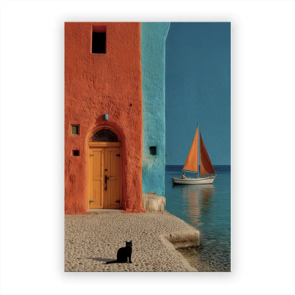 VividDecor Gerahmte Leinwand-Wandkunst, Juan Brufal 100% authentisch & lizenziert, mediterrane Küstenszene mit schwarzer Katze, großes 60x90cm Oxford-Stoffposter