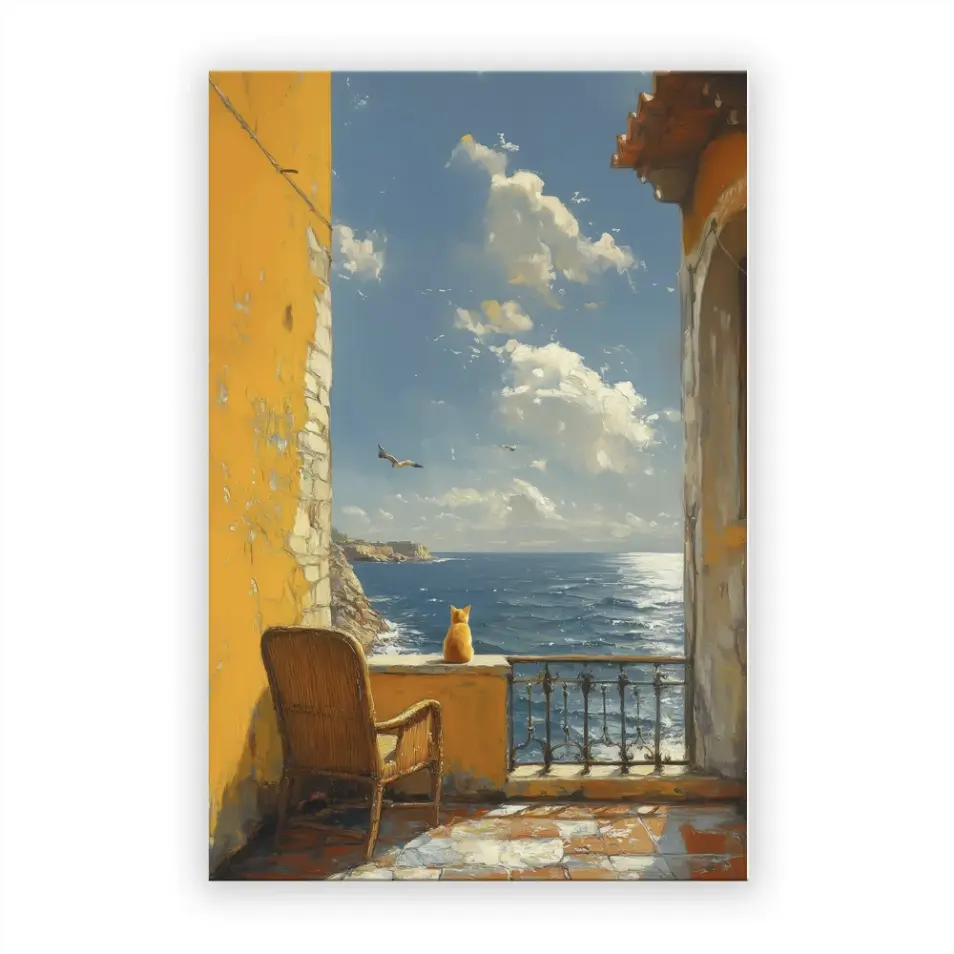 AuraWall Canvas Wall Art, Juan Brufal 100% Authentic & Licensed, 24x36 Mediterranean Sea Cat Balcony Print, Framed Oxford Fabric Painting