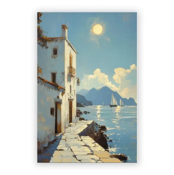 Mediterranean Canvas Wall Art, Juan Brufal 100% Authentic & Licensed, Seaside Town Oil Painting Print, 60x90cm Premium Oxford Fabric, Ready to Hang