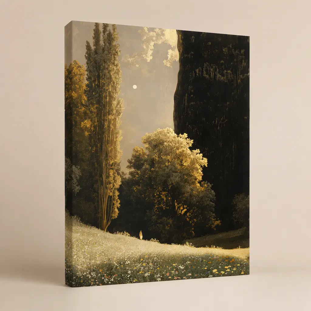 Hidden Source, Canvas Wall Art, Vintage Landscape Oil Painting Meadow Print, Aesthetic Home Decor for Living Room and Bedroom, Stretched Wood Frame Ready to Hang, Hanging Hooks Included