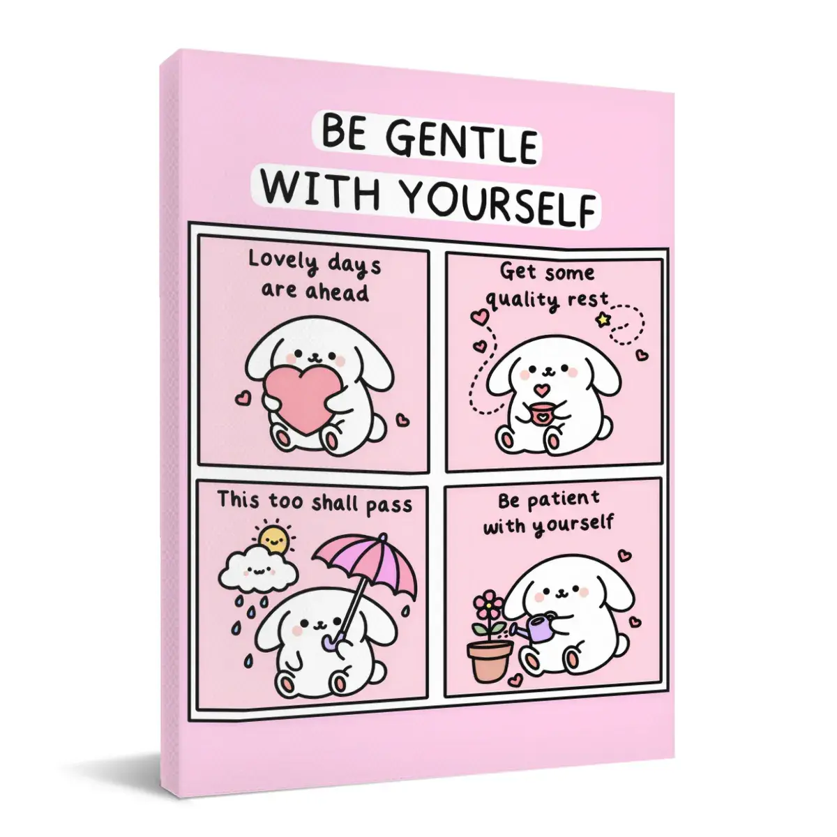 JoyArt Mental Health Canvas Wall Art, Cute Self Care Affirmations Bunny Poster, Inspirational Quotes for Bedroom Therapy Office Classroom, Stretched Wood Frame Ready to Hang, Pink Kids Room Gift