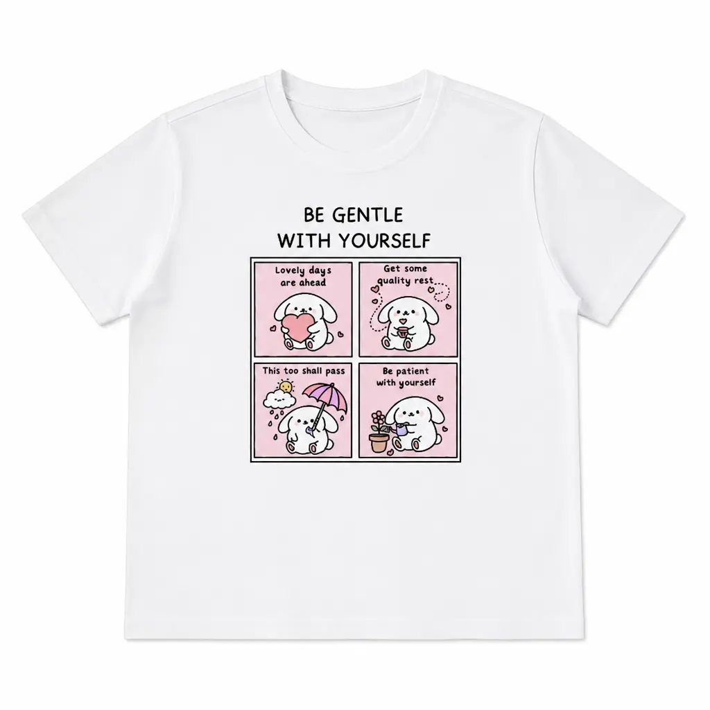 AURA Women's Cotton Graphic Tee, Cute Self Care Bunny Cartoon Crewneck T-Shirt, Daily Wear Mental Health Awareness Gift, Breathable 168g Cotton Fabric, Durable Double-Stitched Seams, S-XXL