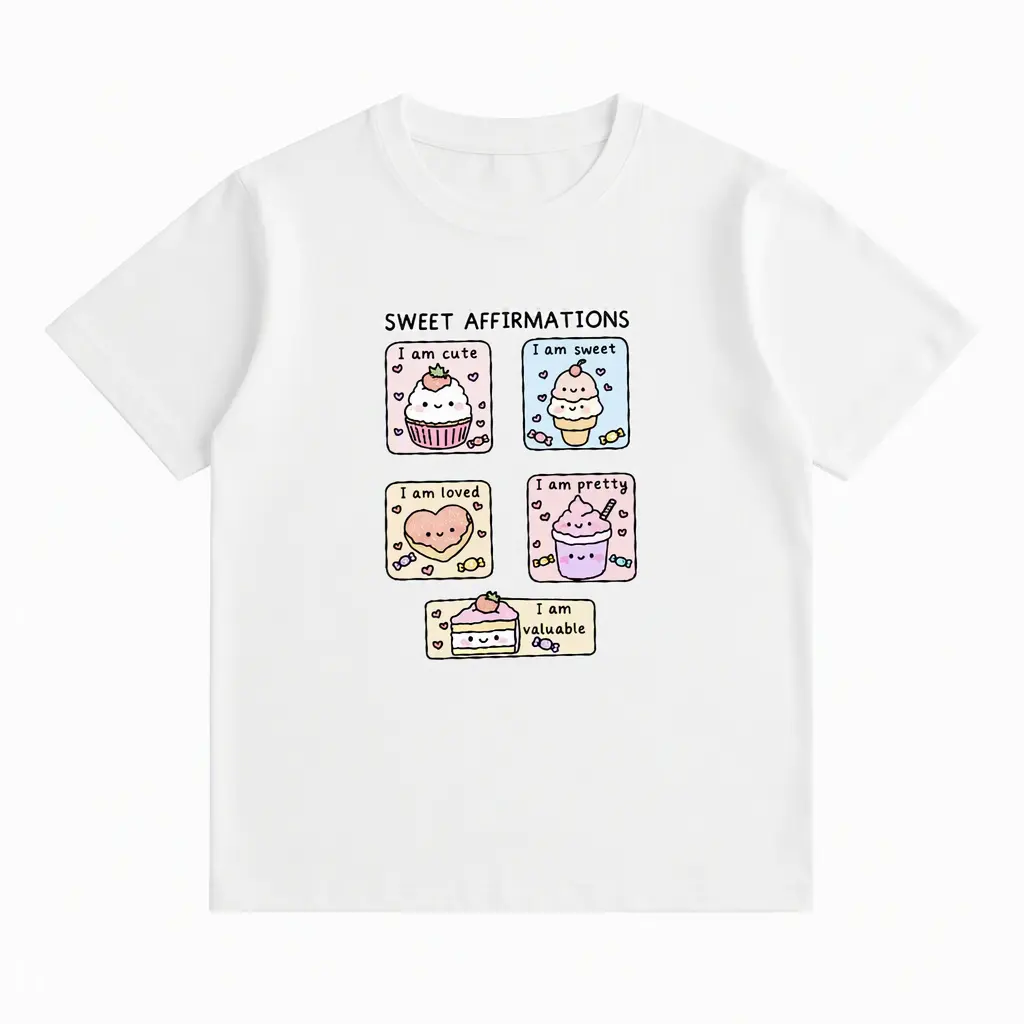 JoyfulWear Women's Graphic T-Shirt, Cute Sweet Affirmations Cotton Dessert Tee, Casual Summer Crewneck Top for Girls, Soft 168g Breathable Fabric, Durable Reinforced Neckline, Sizes S-XXL