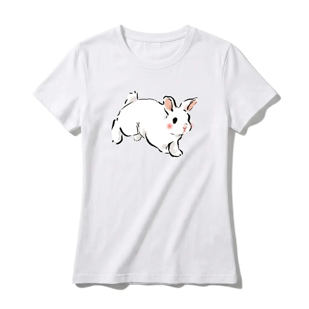 Cotton Women's T-Shirt,Bouncing White Rabbit,168g  Partial Print