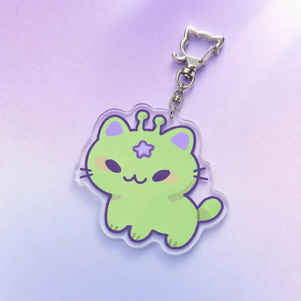 Alien Kitty , 2.75 Inch (7cm) Premium Clear Acrylic Keychain - Silver Cat-Shaped Clasp Bag Charm