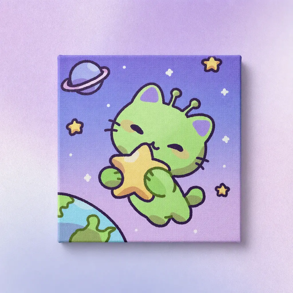 Sevimli Uzaylı Kedi Kanvas Duvar Sanatı, 12x12 İnç Kawaii Uzay Kedisi Baskısı, Çocuk Yatak Odası ve Kreş Oyun Odası Dekoru İçin, Masif Ahşap Çerçeveli HD Resim, Çevre Dostu Kanvas, Asılmaya Hazır Hediye
