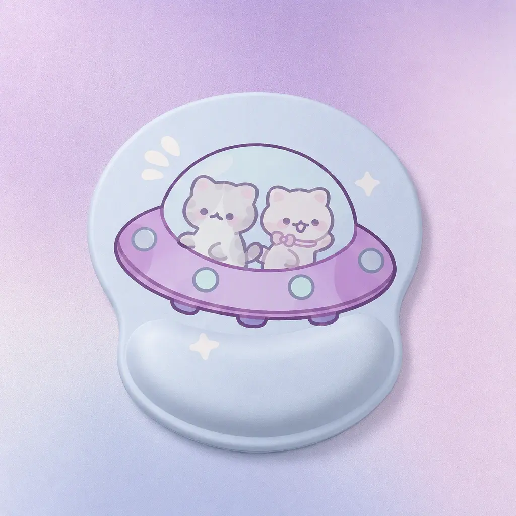 Ergonomic Mouse Pad with Wrist Rest, Cute Space Cats in UFO Mousepad for Desk Laptop, Soft Pain Relief Silicone Wrist Support, Non-Slip Rubber Base, Smooth Polyester Surface