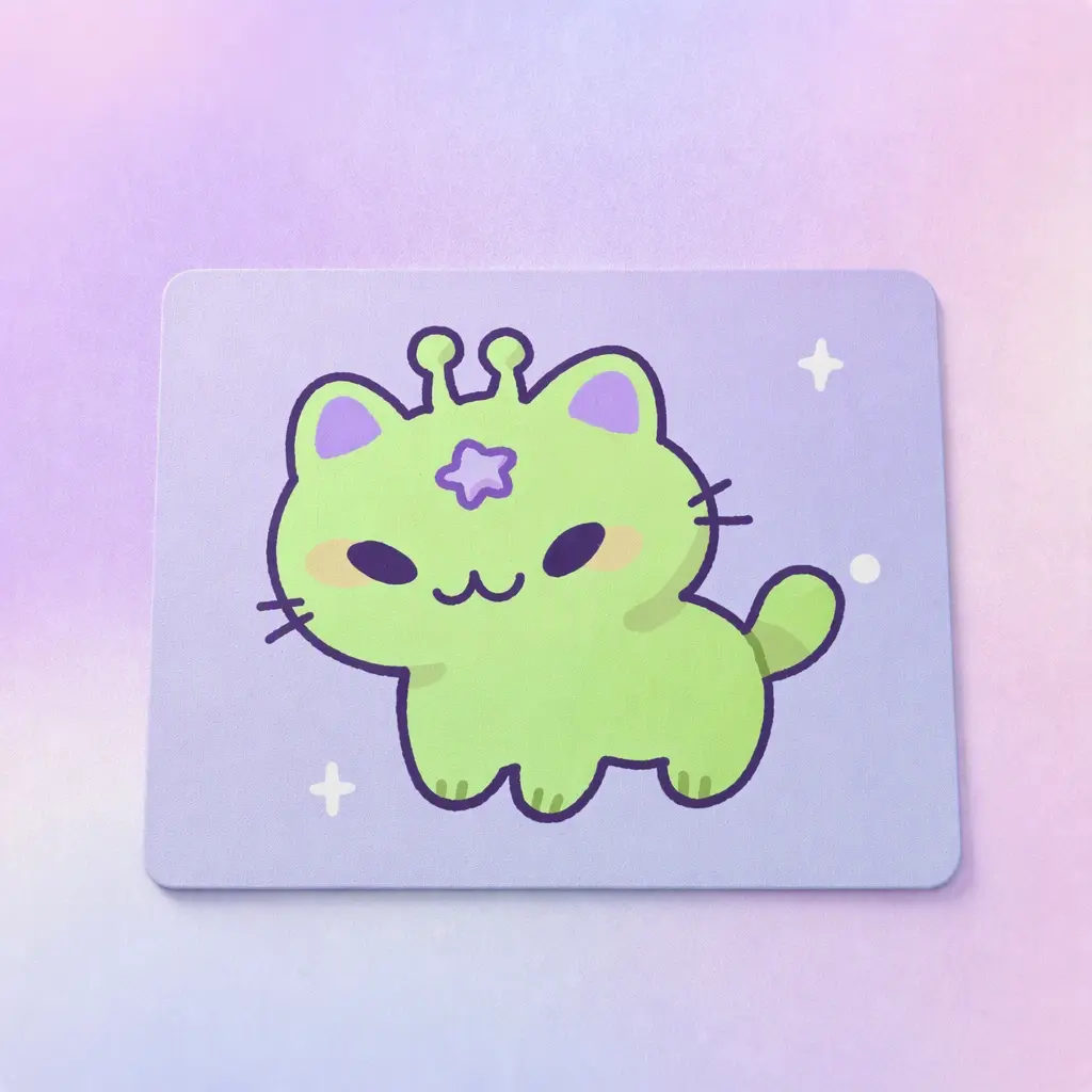 Cute Alien Cat Mouse Pad, 9. 5 x 8 Inch Kawaii Space Kitten Desk Mat, Non-Slip Natural Rubber Base, Smooth Fabric Surface for Laptop PC Gaming Office, Water-Resistant Durable Decor