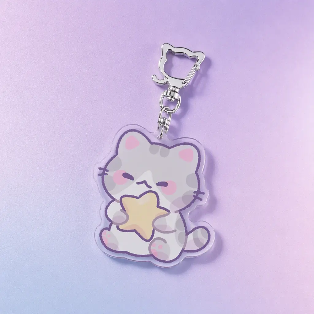 Starry Kitty, 2.75 Inch (7cm) Premium Clear Acrylic Keychain - Silver Cat-Shaped Clasp Bag Charm