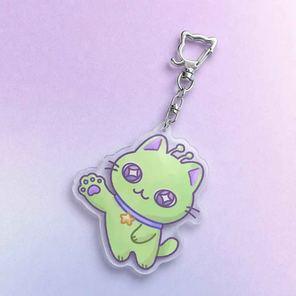 Waving Alien Kitty , 2.75 Inch (7cm) Premium Clear Acrylic Keychain - Silver Cat-Shaped Clasp Bag Charm