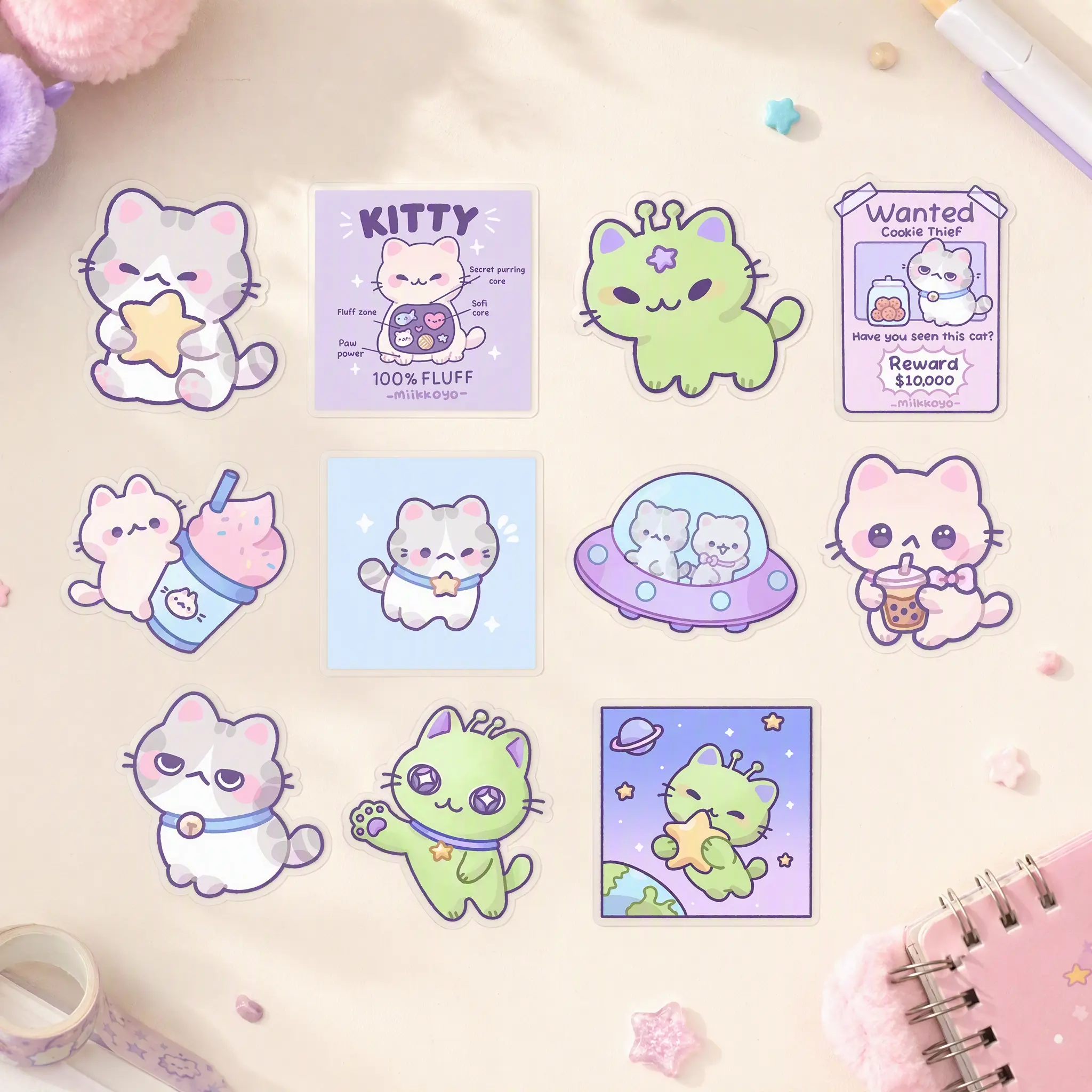 Cute Cat Die-Cut PET Sticker Pack — 11PCS Matte Aesthetic Decals (Max 7cm / 2.75 inches)