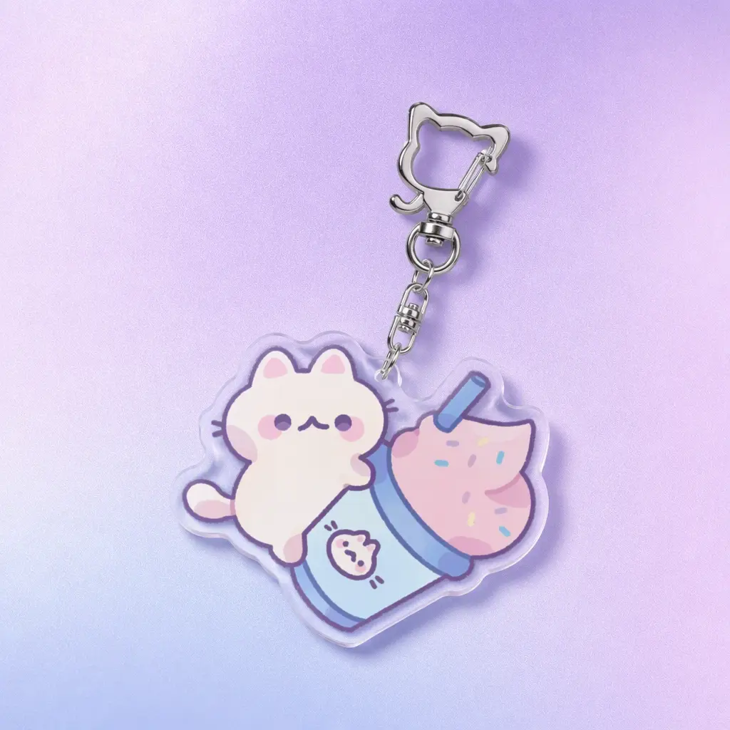 Sweet Treat Kitty , 2.75 Inch (7cm) Premium Clear Acrylic Keychain - Silver Cat-Shaped Clasp Bag Charm