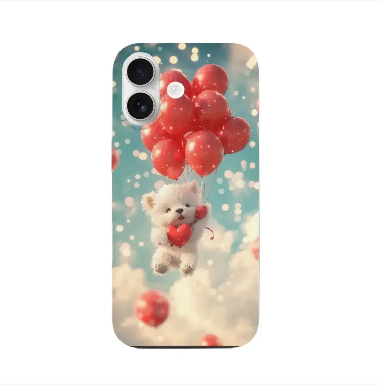 Lovely Furry White Dog Flying With Sparkly Red Balloons, iPhone 17 Silicone Phone case