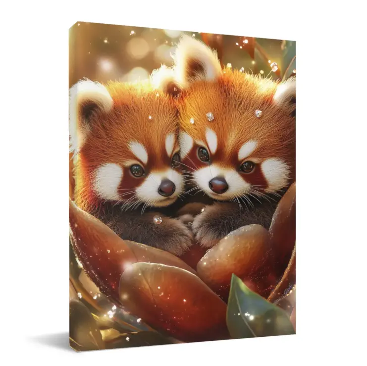 Cute Twin Red Pandas In Flower Bud Wall Art,Multi‑Size Options,Framed Canvas Ready‑to‑Hang,No Outer Frame,Wood Backing Support