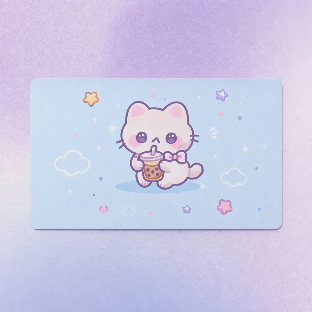 Cute Kawaii Boba Cat Mouse Pad, 24x14 Inch Extended Desk Mat for Keyboard and Laptop, Non-Slip Natural Rubber Base, Smooth Water-Resistant Polyester Surface, Pastel Kawaii Office Decor