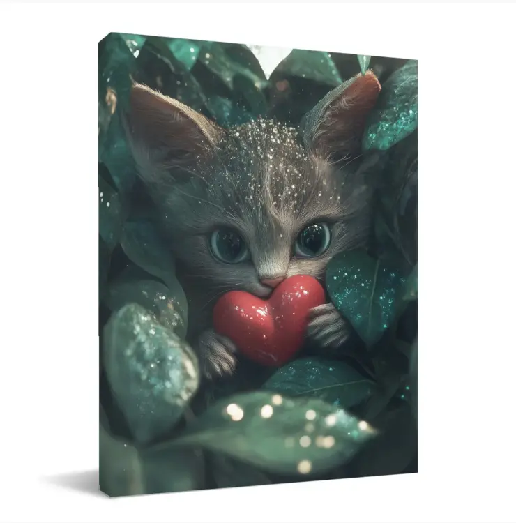 Cute Kitten Holding Red Heart in Green Leaves Wall Art,Multi‑Size Options,Framed Canvas Ready‑to‑Hang,No Outer Frame,Wood Backing Support
