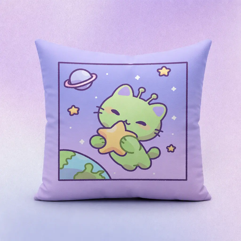 Cute Alien Cat Throw Pillow with Insert, Square Space Galaxy Decorative Cushion, Double Sided Polyester Accent Pillow for Couch Sofa Bed, Soft Fabric with Hidden Zipper, Machine Washable