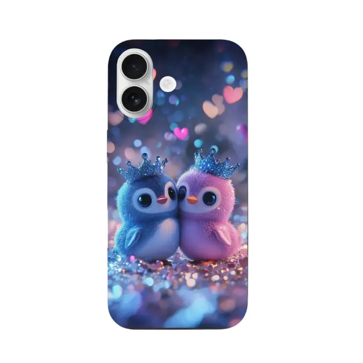 Cute Blue Pink Crown Penguin Couple Glitter Hearts,iPhone 17 silicone Phone Case