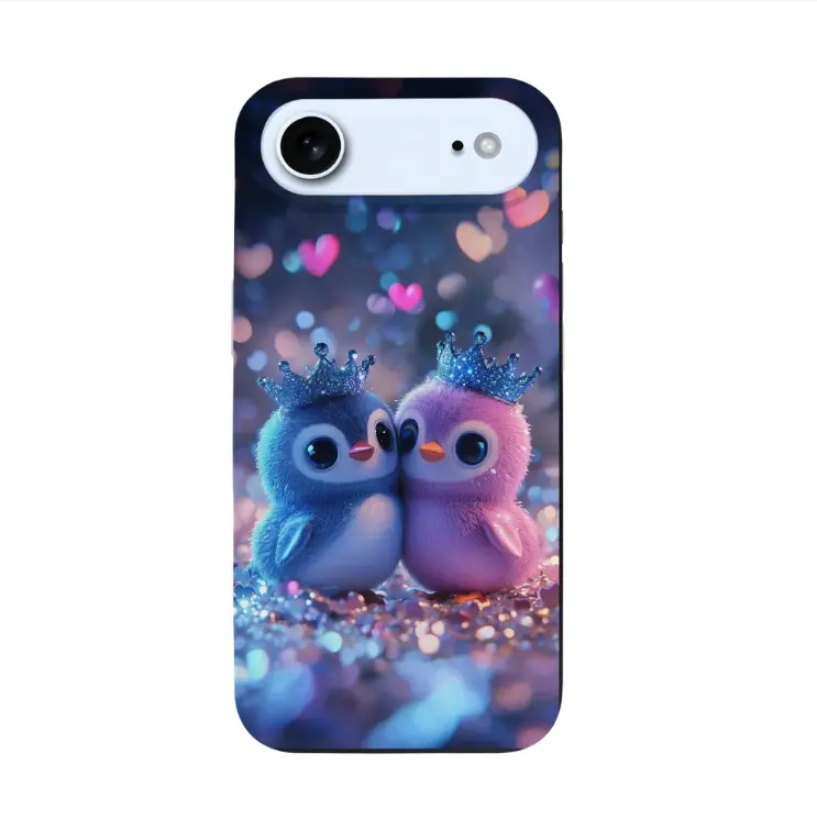 Süßes blau-rosa Kronen-Pinguin-Paar mit Glitzerherzen, iPhone 17 Air Handyhülle