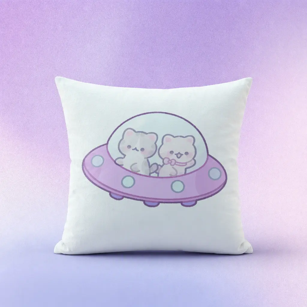 Cute Cat Throw Pillow with Insert, 12x12 Inch Square Decorative Accent Cushion, for Couch Sofa Bed Kids Room, Double-Sided Kawaii UFO Graphic, Soft Durable Polyester, Machine Washable