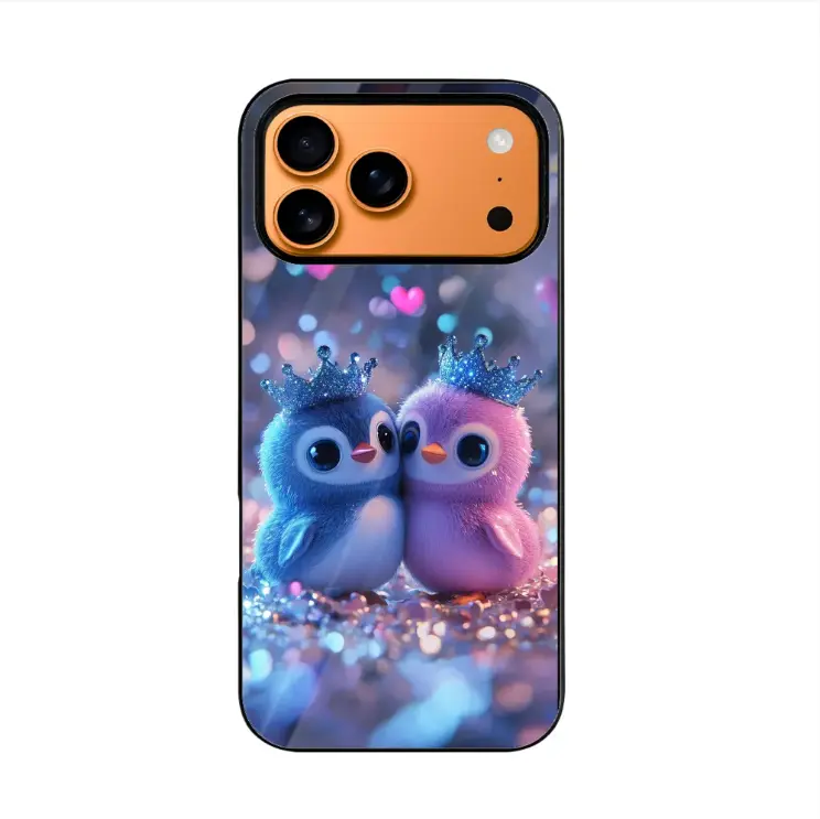 Cute Blue Pink Crown Penguin Couple Glitter Hearts，iPhone 17 Promax TPU Phone Case